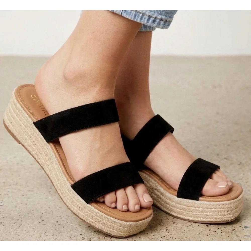 Treasure‎ & Bond Sandals Fatima Black Suede Espadrille Platform Wedges 8.5M